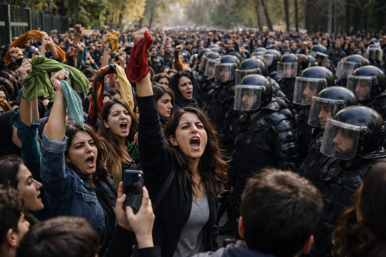 Crowd facing police line with raised scarves